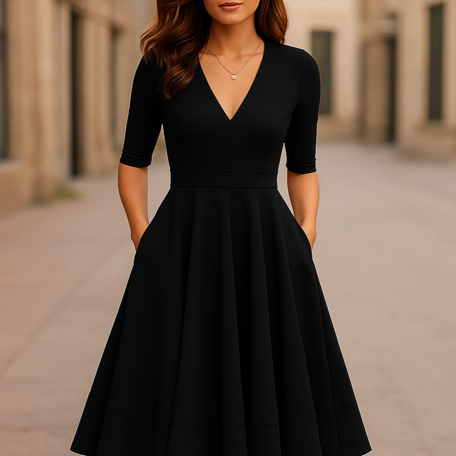Midi Dress | Lani Deep V-Neck A-Line Retro Midi Dress for Women
