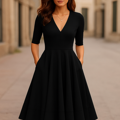 Midi Dress | Lani Deep V-Neck A-Line Retro Midi Dress for Women