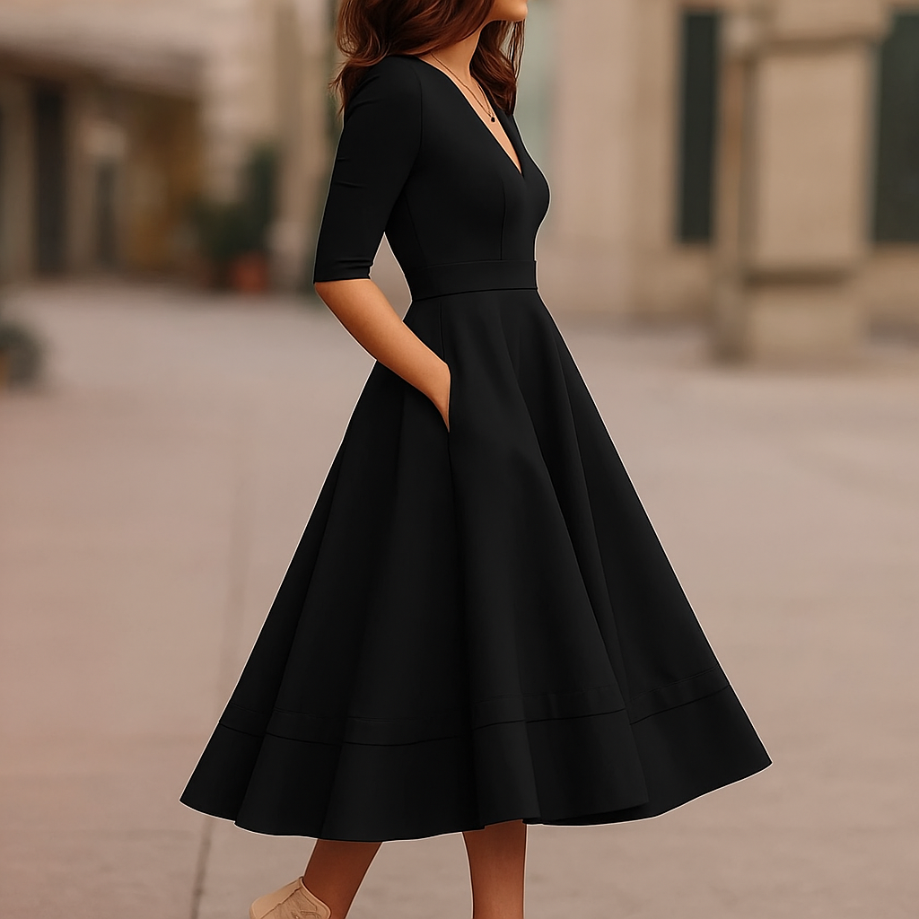 Midi Dress | Lani Deep V-Neck A-Line Retro Midi Dress for Women