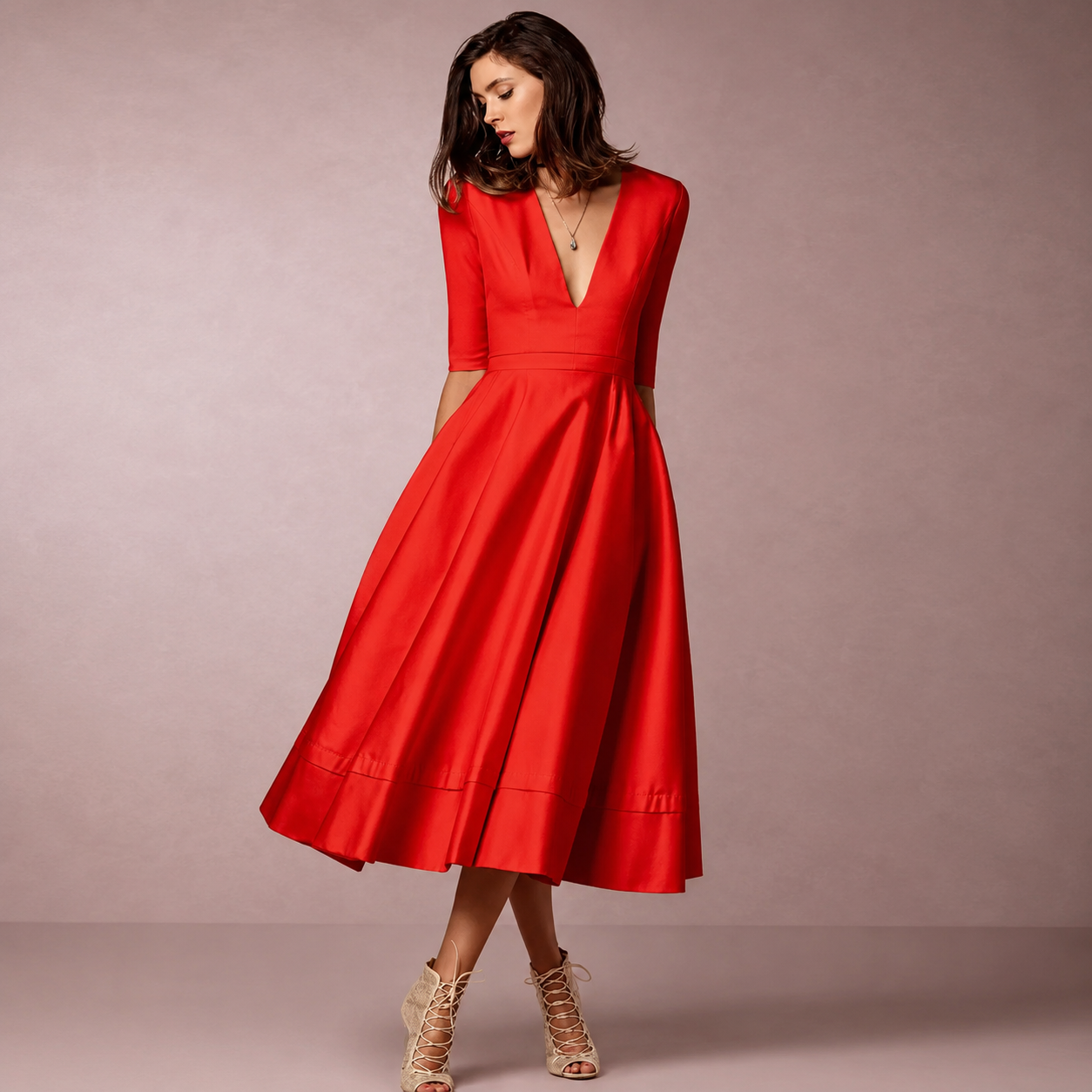 Midi Dress | Lani Deep V-Neck A-Line Retro Midi Dress for Women