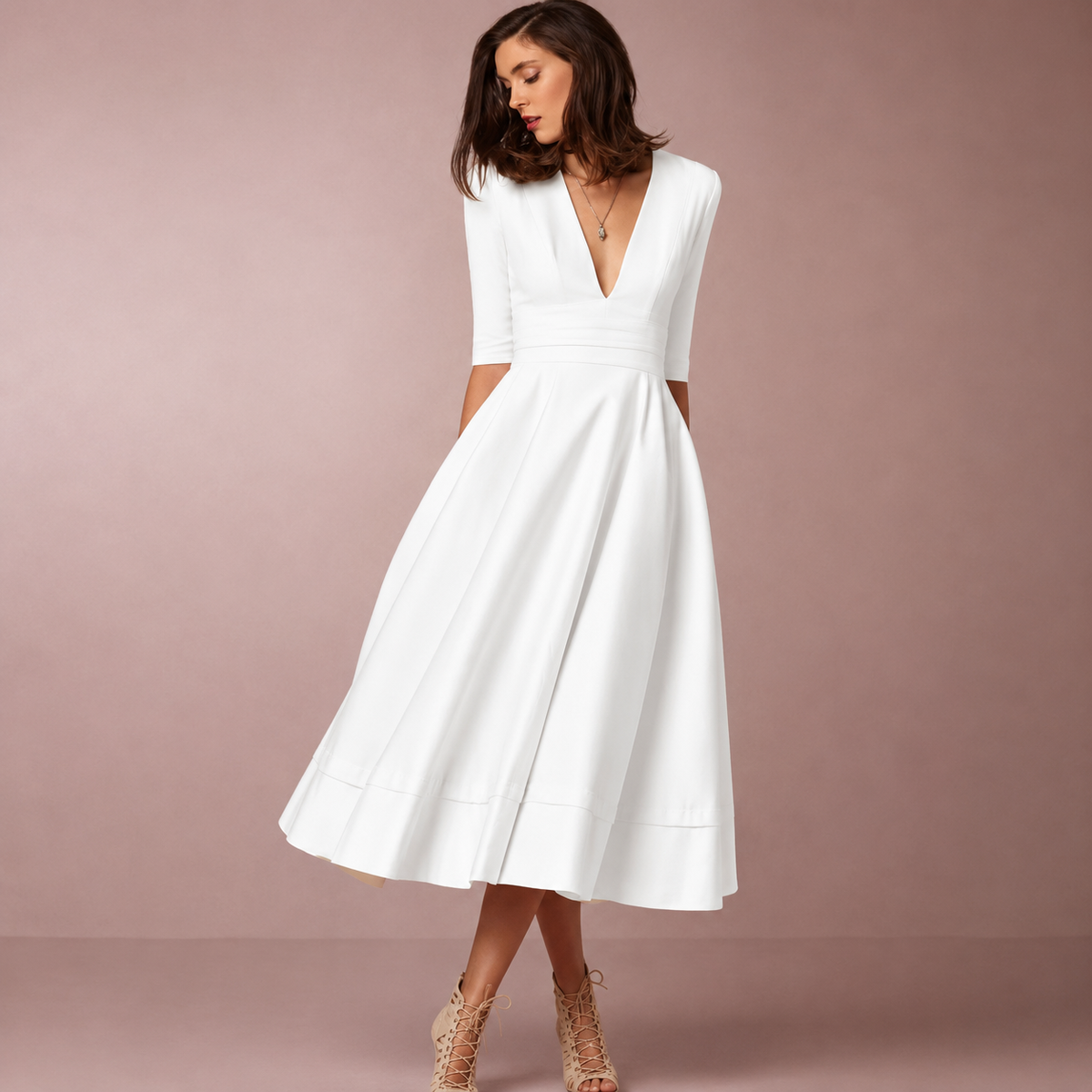 Midi Dress | Lani Deep V-Neck A-Line Retro Midi Dress for Women