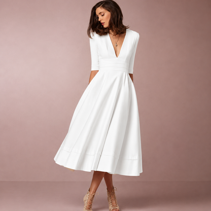 Midi Dress | Lani Deep V-Neck A-Line Retro Midi Dress for Women