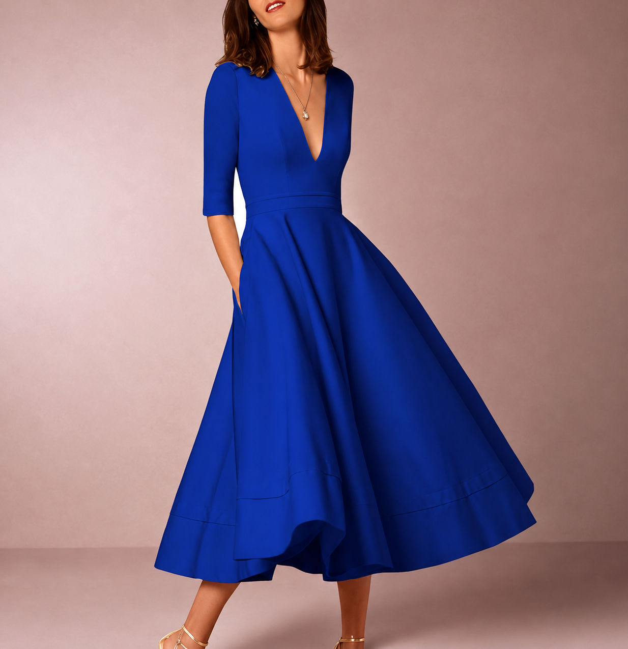 Midi Dress | Lani Deep V-Neck A-Line Retro Midi Dress for Women