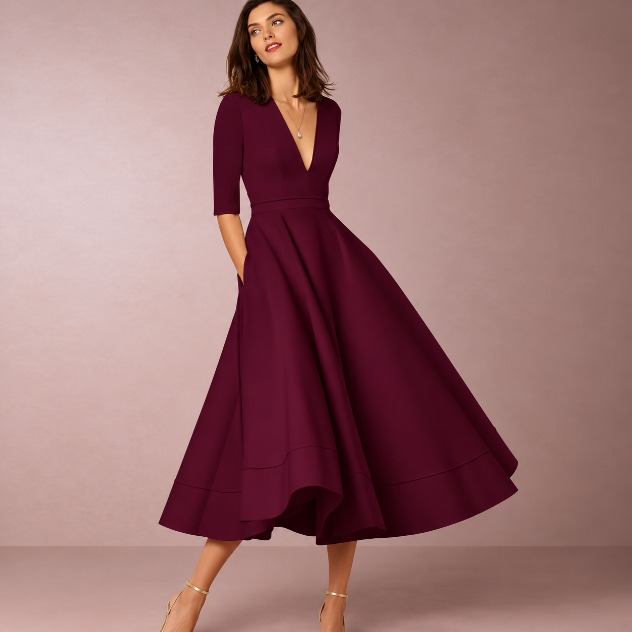 Midi Dress | Lani Deep V-Neck A-Line Retro Midi Dress for Women