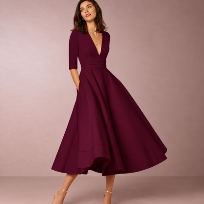 Midi Dress | Lani Deep V-Neck A-Line Retro Midi Dress for Women
