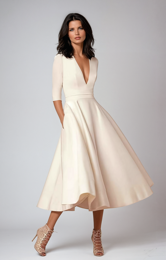 Midi Dress | Lani Deep V-Neck A-Line Retro Midi Dress for Women
