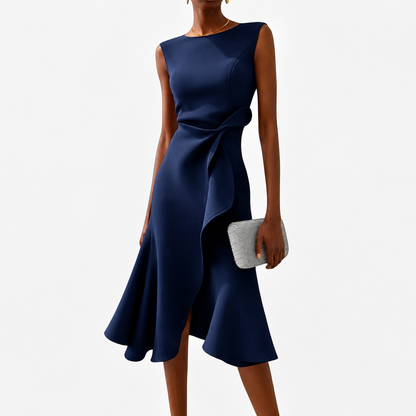 Midi Dress | Livia Asymmetrical Ruffle Sleeveless Midi Dress for Women