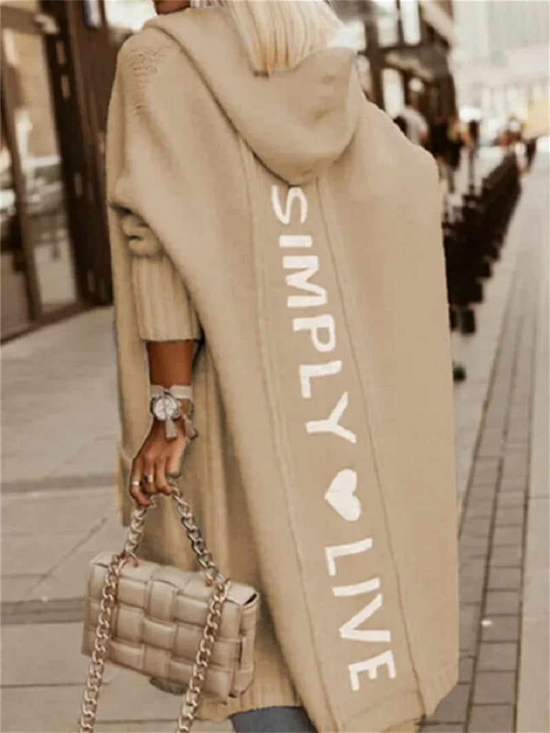 Women’s Hooded Longline Knit Cardigan – Oversized Open-Front Layer with Relaxed Three-Quarter Sleeves for Winter Styling