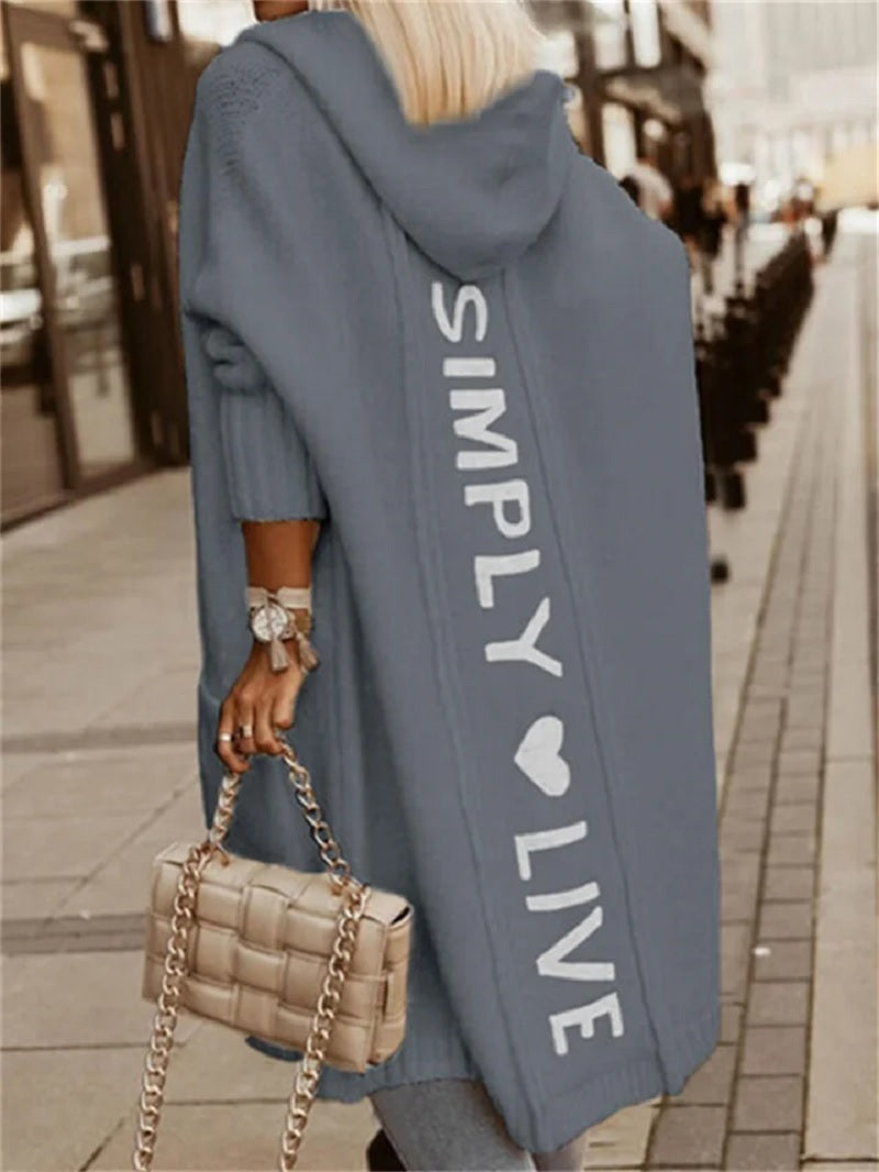 Women’s Hooded Longline Knit Cardigan – Oversized Open-Front Layer with Relaxed Three-Quarter Sleeves for Winter Styling