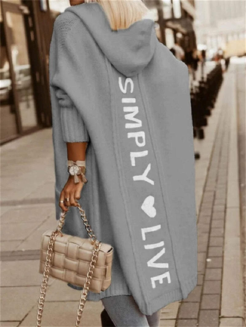 Women’s Hooded Longline Knit Cardigan – Oversized Open-Front Layer with Relaxed Three-Quarter Sleeves for Winter Styling