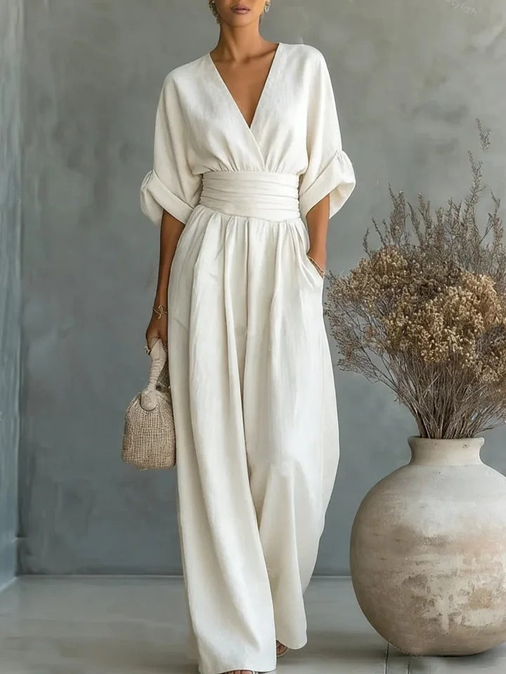 Monira - Elegant V Neck Wide Leg Jumpsuit 0