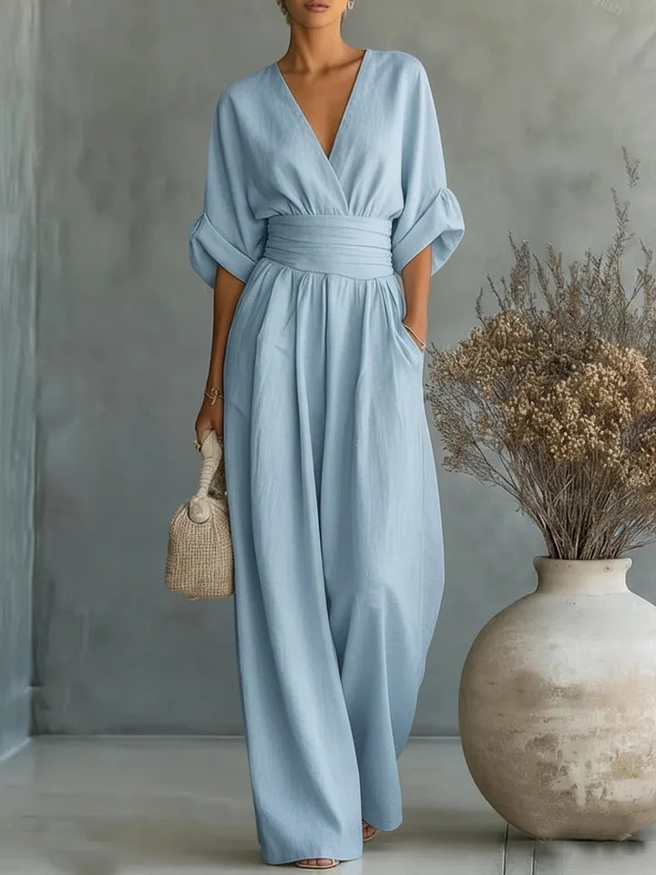 Monira - Elegant V Neck Wide Leg Jumpsuit 1
