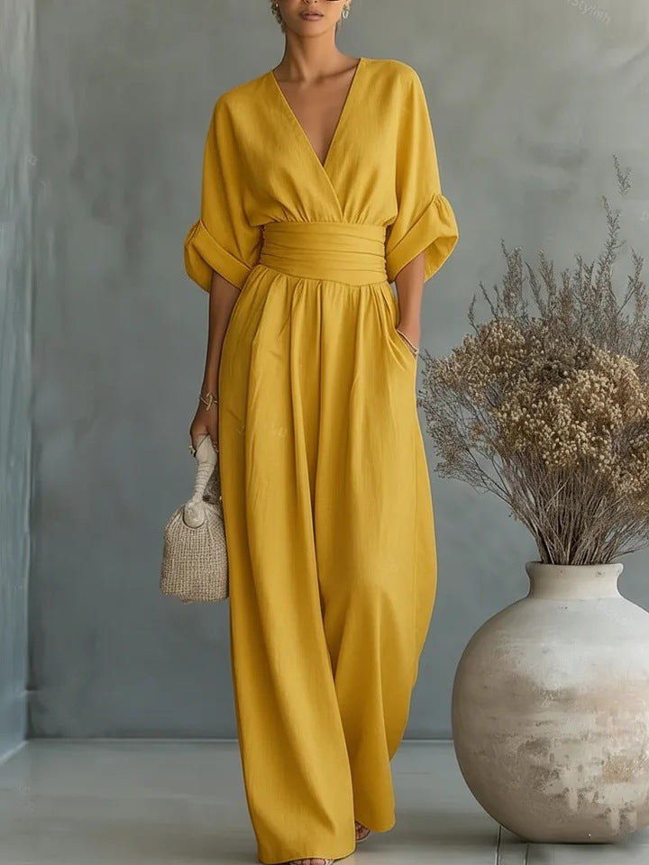 Monira - Elegant V Neck Wide Leg Jumpsuit 2