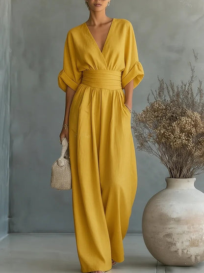 Monira - Elegant V Neck Wide Leg Jumpsuit 2
