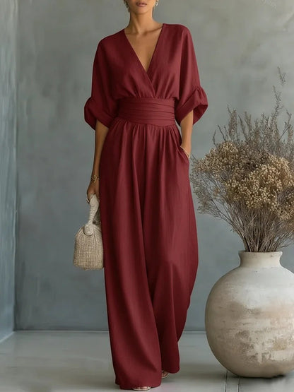 Monira - Elegant V Neck Wide Leg Jumpsuit 3