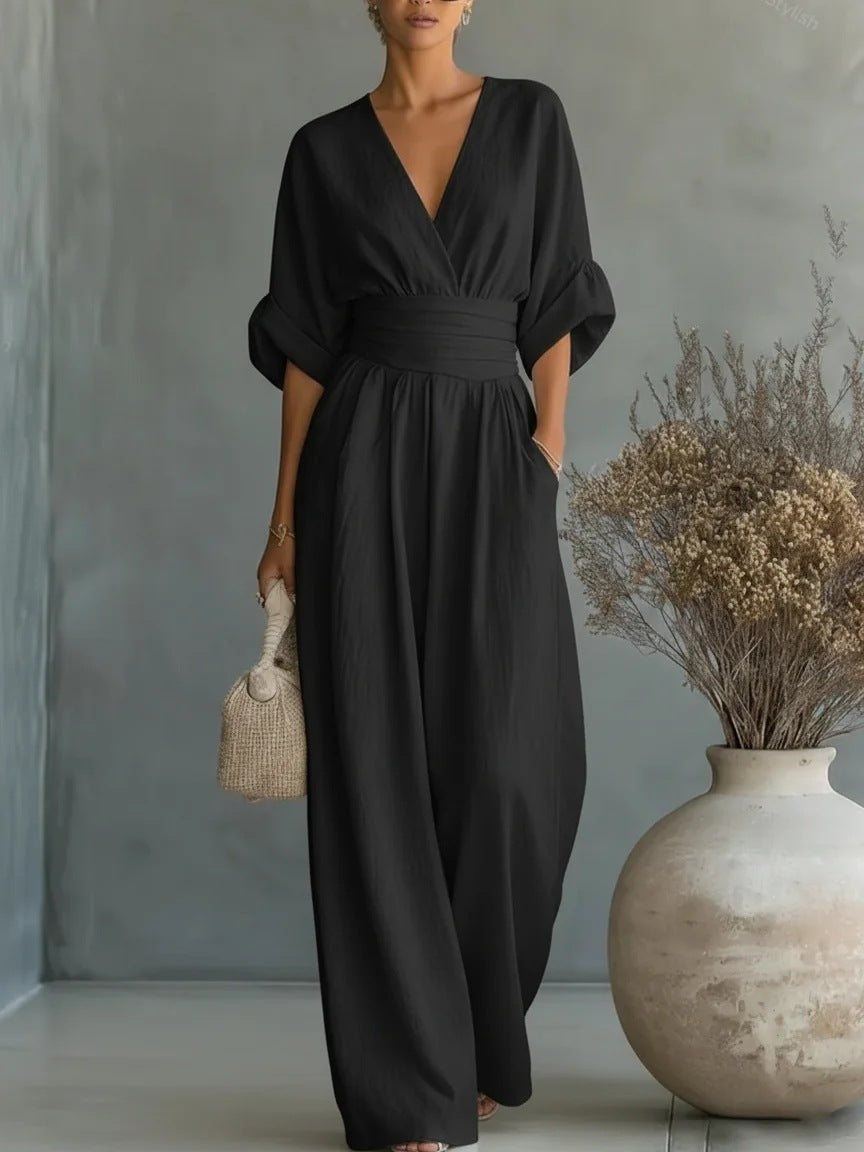Monira - Elegant V Neck Wide Leg Jumpsuit 4
