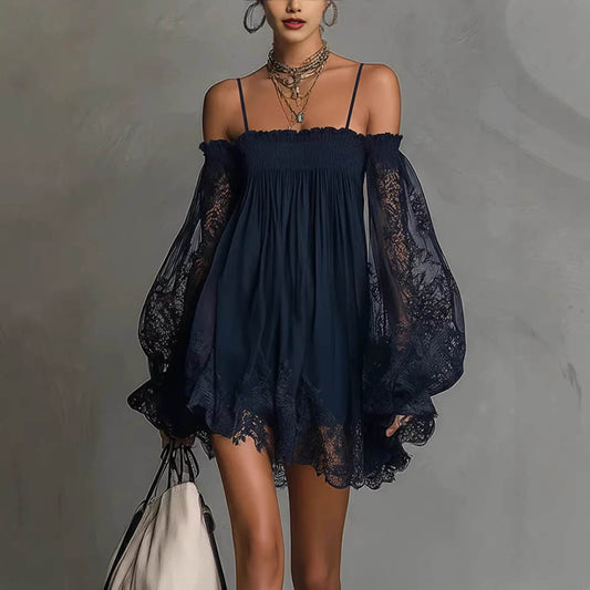 Women's Mini Dress | Off-Shoulder Lace Balloon Sleeve Design