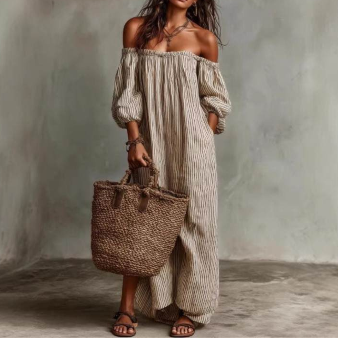 OFF-SHOULDER STRIPED MAXI DRESS 0