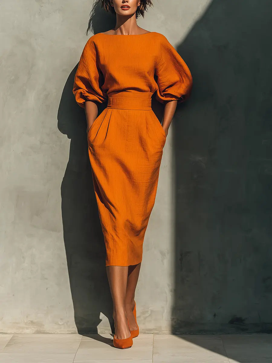 ORANGE SET STRUCTURED TOP MIDI SKIRT 1