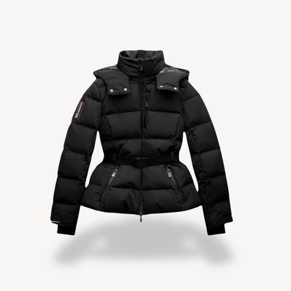 Belted puffer jacket with stand collar and zip front, front view