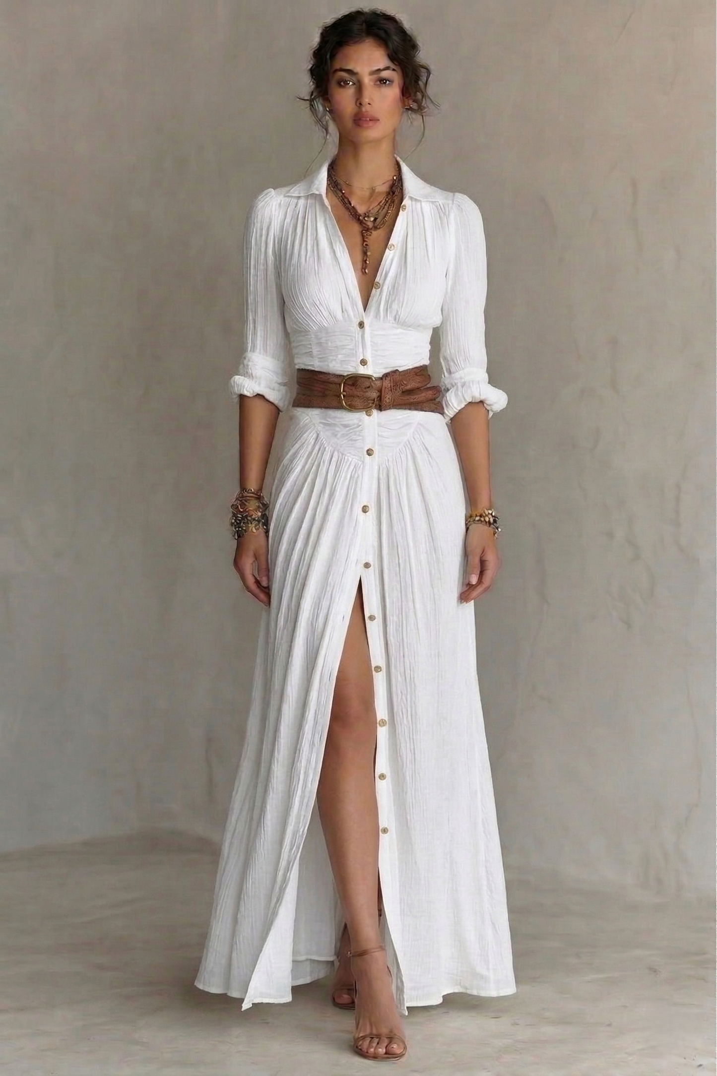 PLEATED V-NECK MAXI DRESS WITH BELT 0