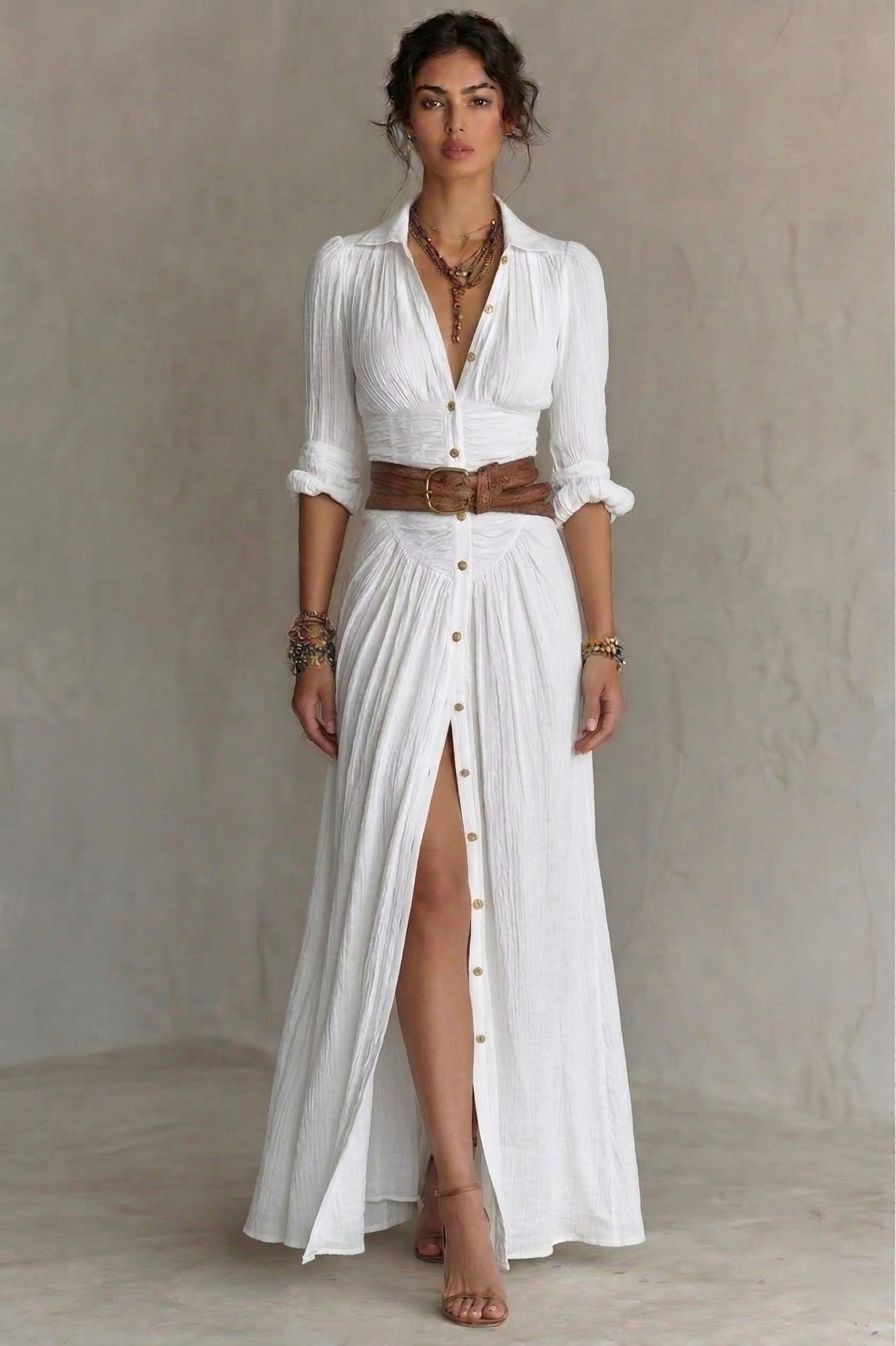 PLEATED V-NECK MAXI DRESS WITH BELT 0