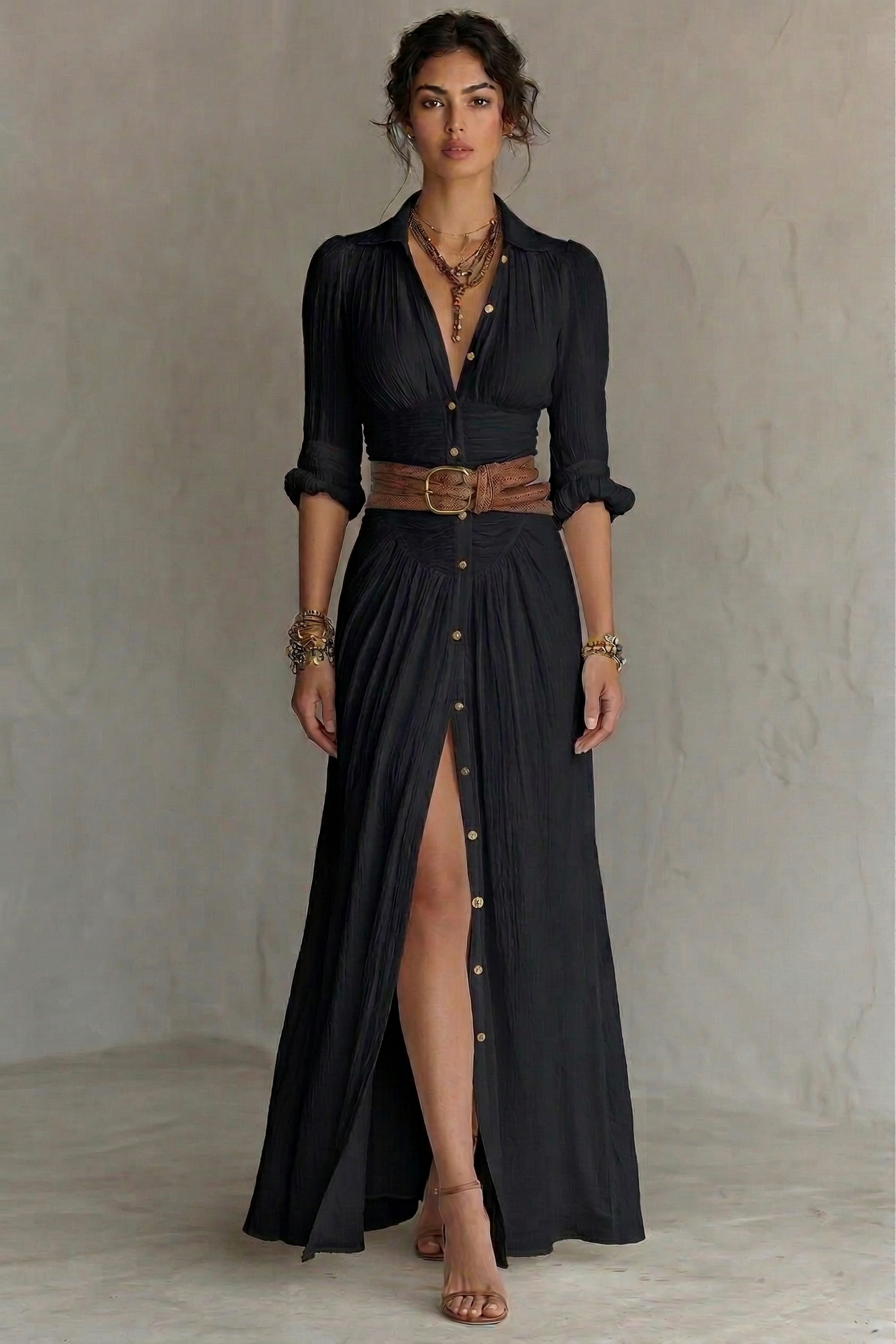 PLEATED V-NECK MAXI DRESS WITH BELT 1
