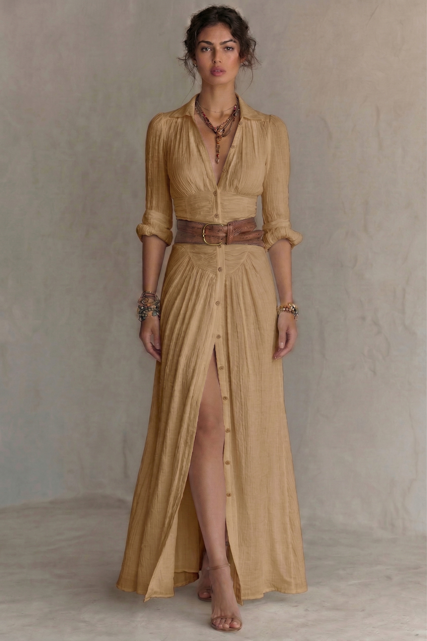 PLEATED V-NECK MAXI DRESS WITH BELT 2