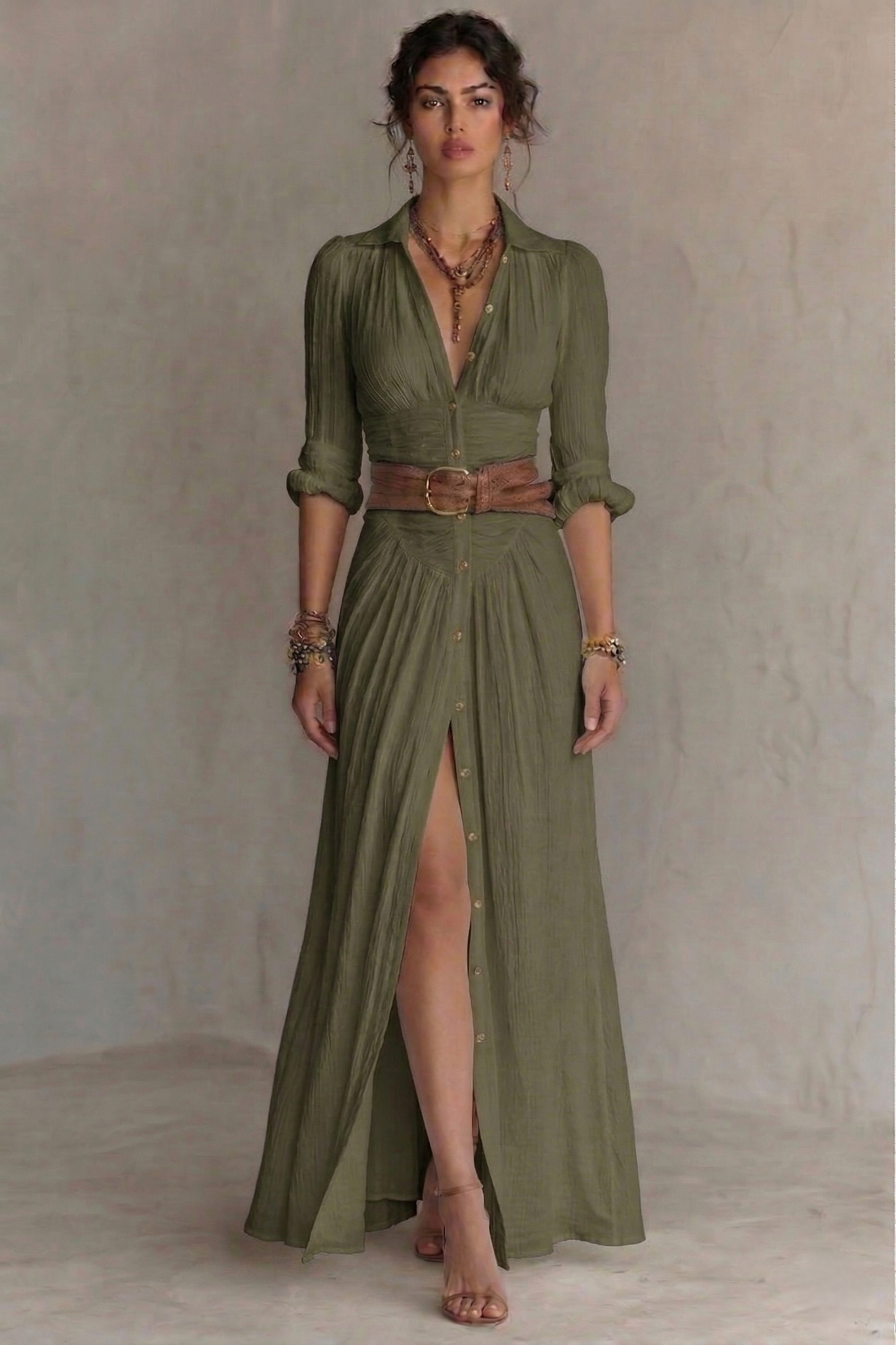 PLEATED V-NECK MAXI DRESS WITH BELT 3
