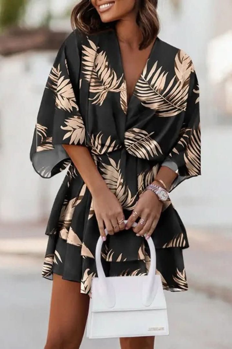 Phoebe | Women's Tropical Print Tiered Mini Cocktail Dress V-Neck 1