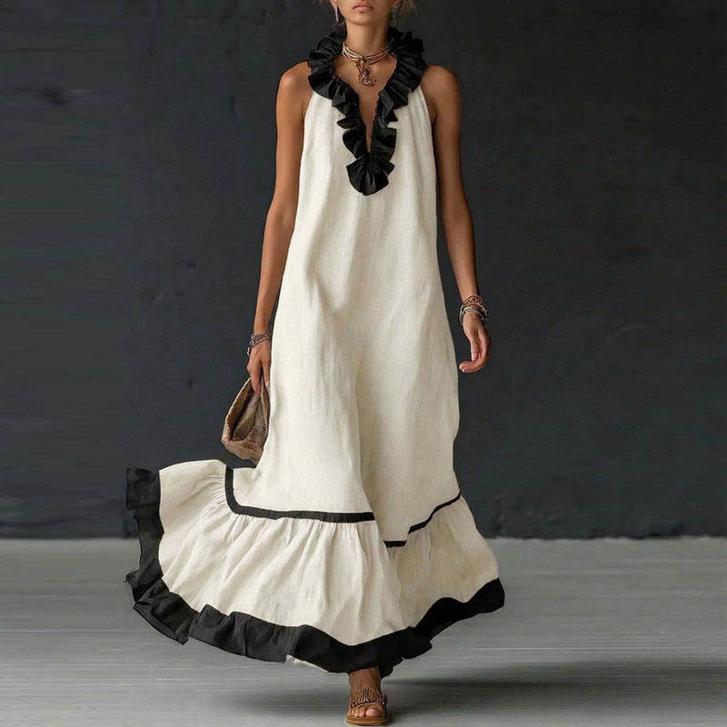 RUFFLED V-NECK MAXI DRESS 0