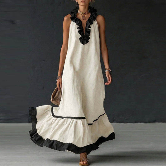 Women's Maxi Dress | Contrast Ruffle V-Neck Design