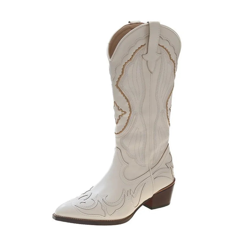 Beige cream embroidered cowboy boots with pointed toe