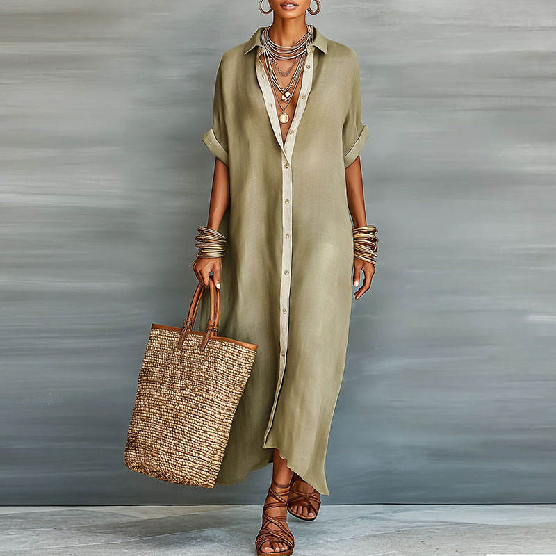SHORT SLEEVE BUTTON-DOWN MAXI SHIRT DRESS 0