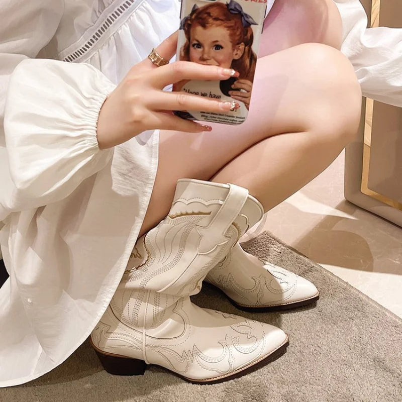 Beige cream embroidered cowboy boots with pointed toe