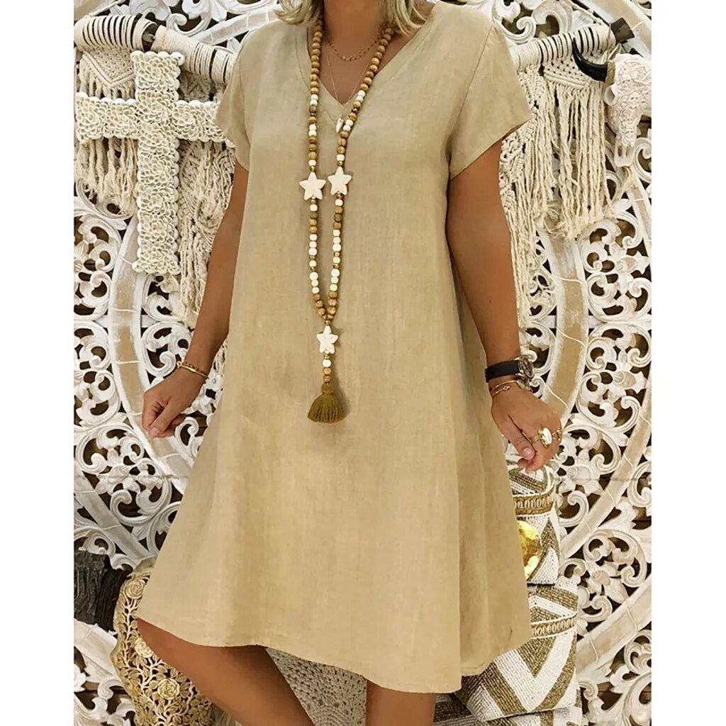 Scarlett | Linen V-Neck A-Line Mini Dress Short Sleeve Summer 0