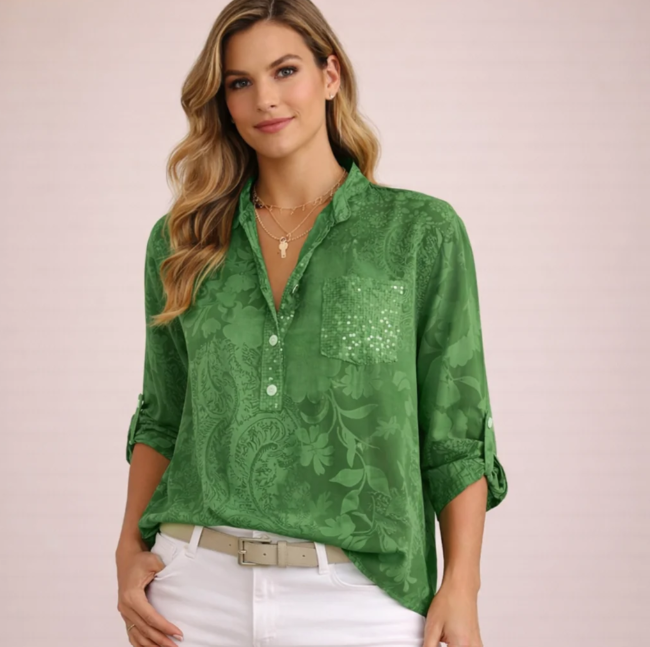 Women's Blouse | Tonal Floral with Roll-Tab Sleeves