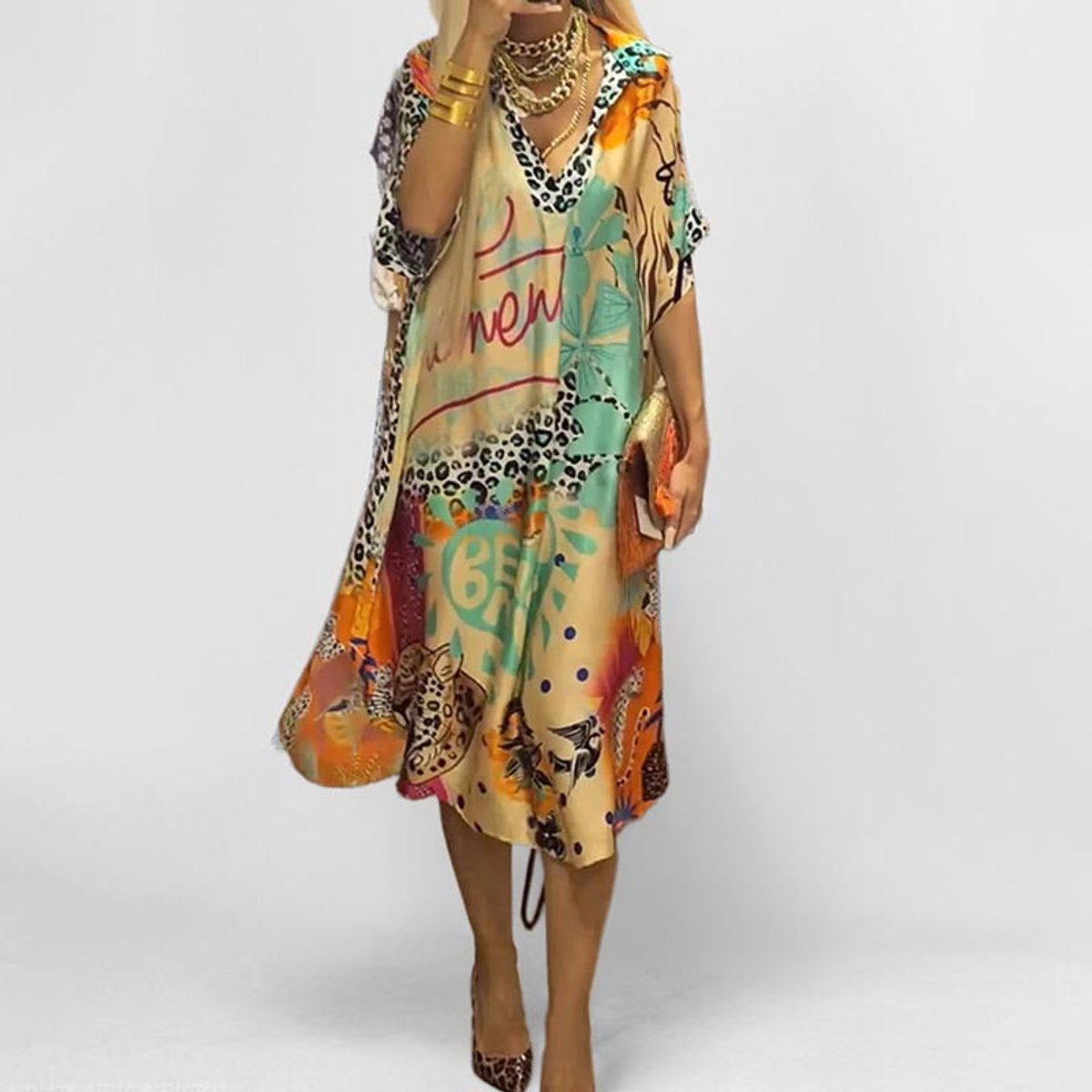 Sienna | Women's Graphic Print V-Neck Swing Tunic Dress 0