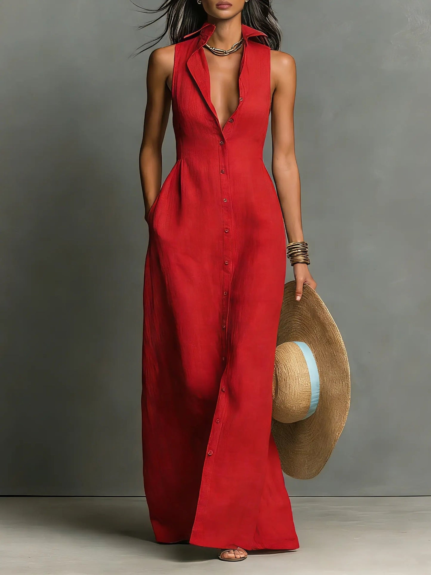 Sienna | Women's Sleeveless Linen Button-Front Maxi Shirt Dress 0