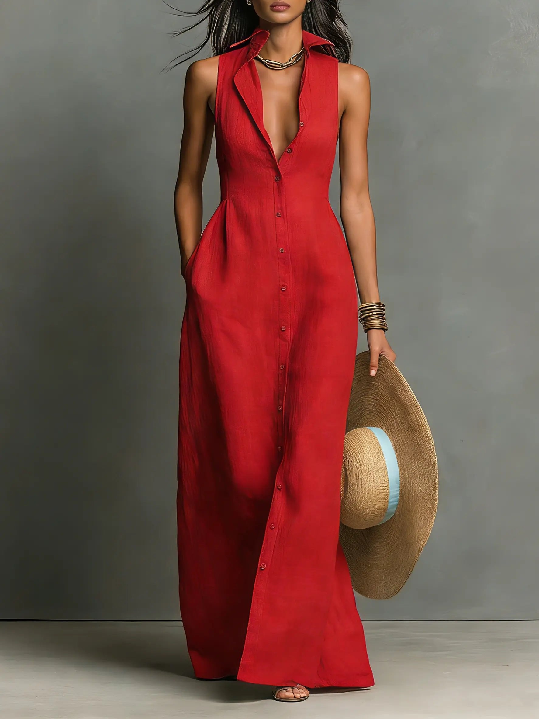 Sienna | Women's Sleeveless Linen Button-Front Maxi Shirt Dress 0