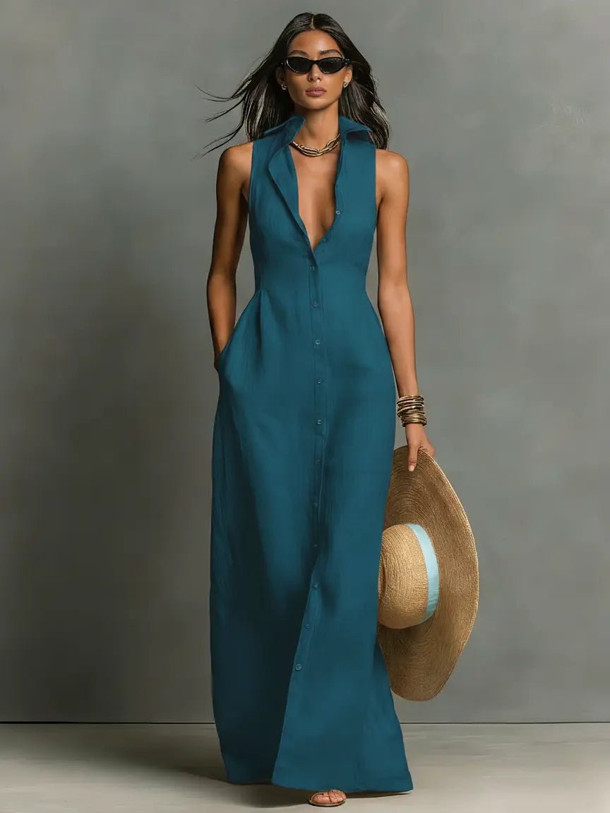 Sienna | Women's Sleeveless Linen Button-Front Maxi Shirt Dress 2
