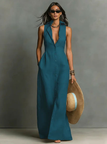 Sienna | Women's Sleeveless Linen Button-Front Maxi Shirt Dress 2