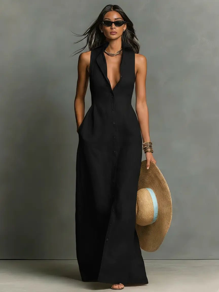 Sienna | Women's Sleeveless Linen Button-Front Maxi Shirt Dress 3