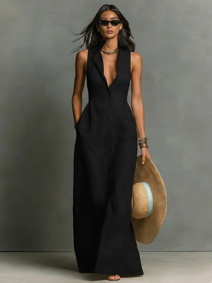 Sienna | Women's Sleeveless Linen Button-Front Maxi Shirt Dress 3