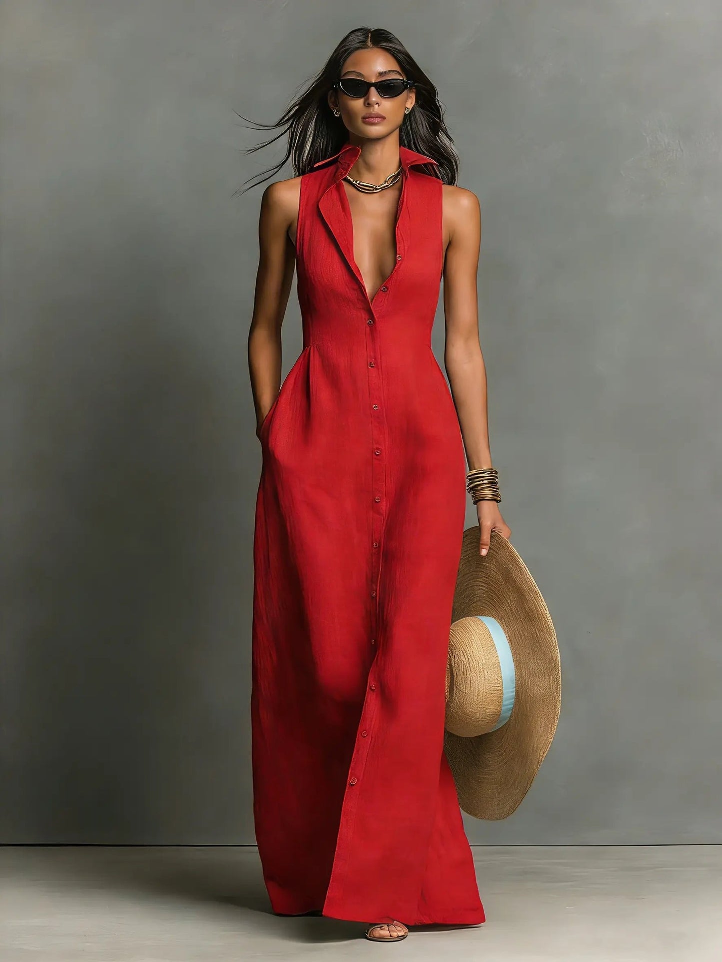 Sienna | Women's Sleeveless Linen Button-Front Maxi Shirt Dress 6