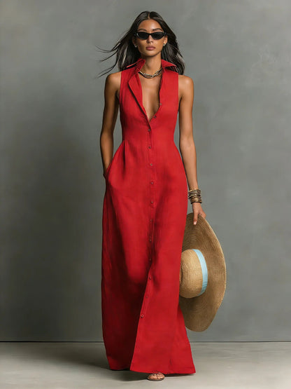 Sienna | Women's Sleeveless Linen Button-Front Maxi Shirt Dress 6