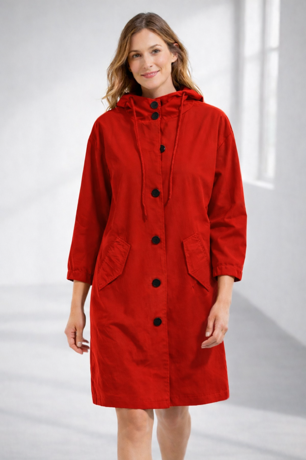 Red hooded longline winter coat with patch pockets