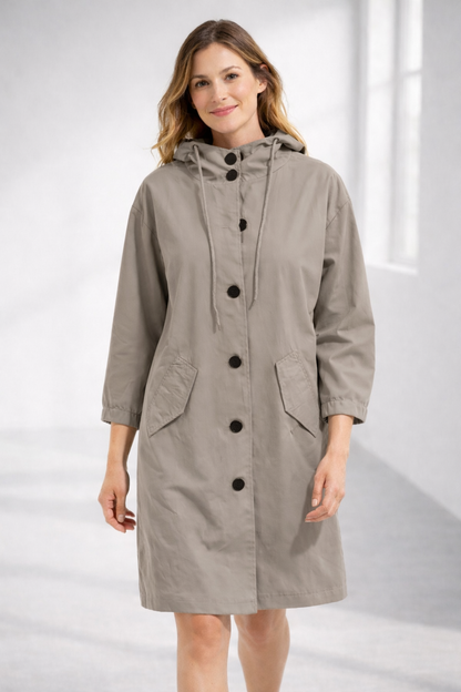 Beige hooded longline winter coat with patch pockets