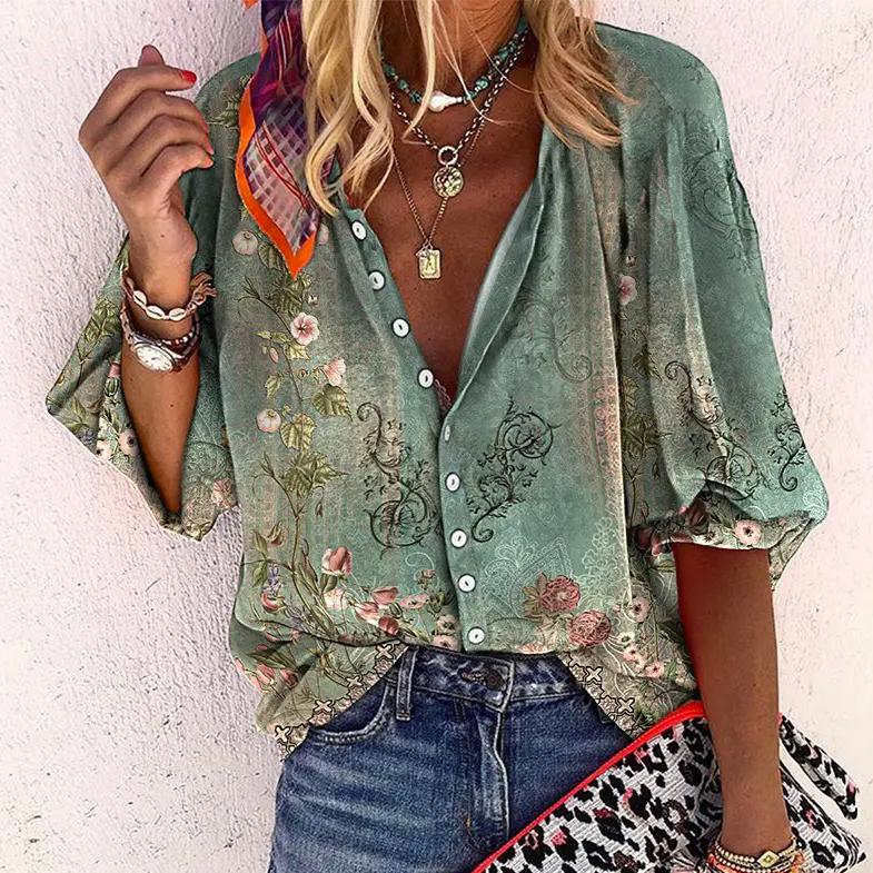 Sofia | Casual Boho Printed V Neck Blouse 0