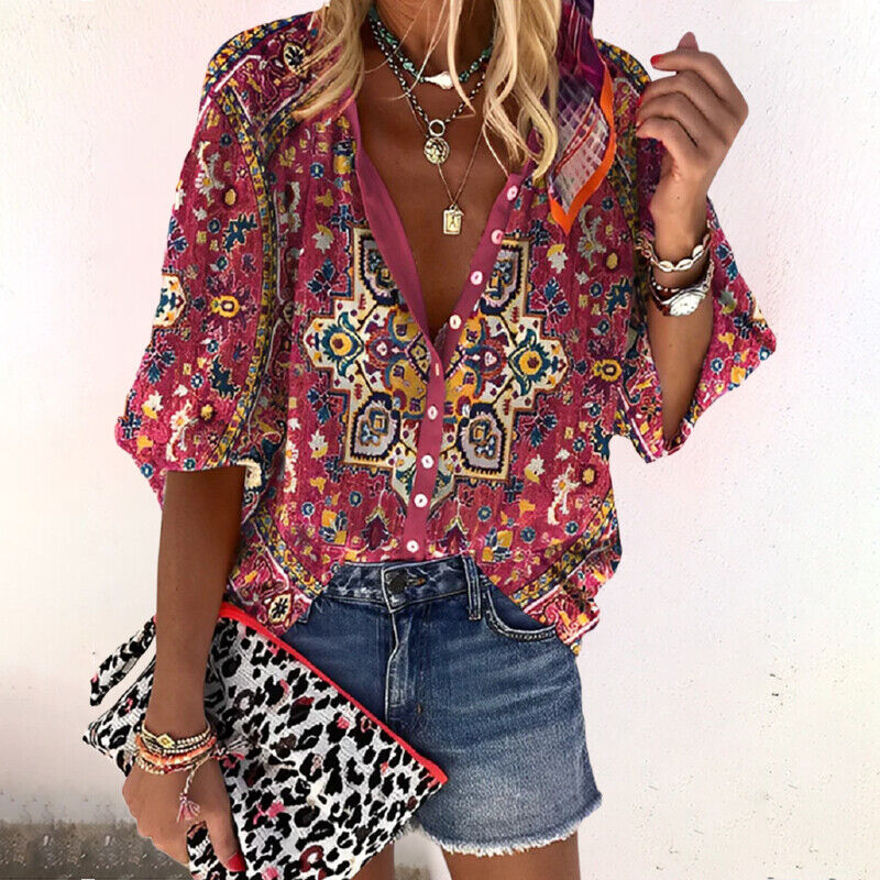 Sofia | Casual Boho Printed V Neck Blouse 2